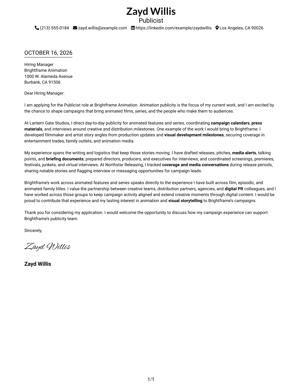 Cover letter example — page 1