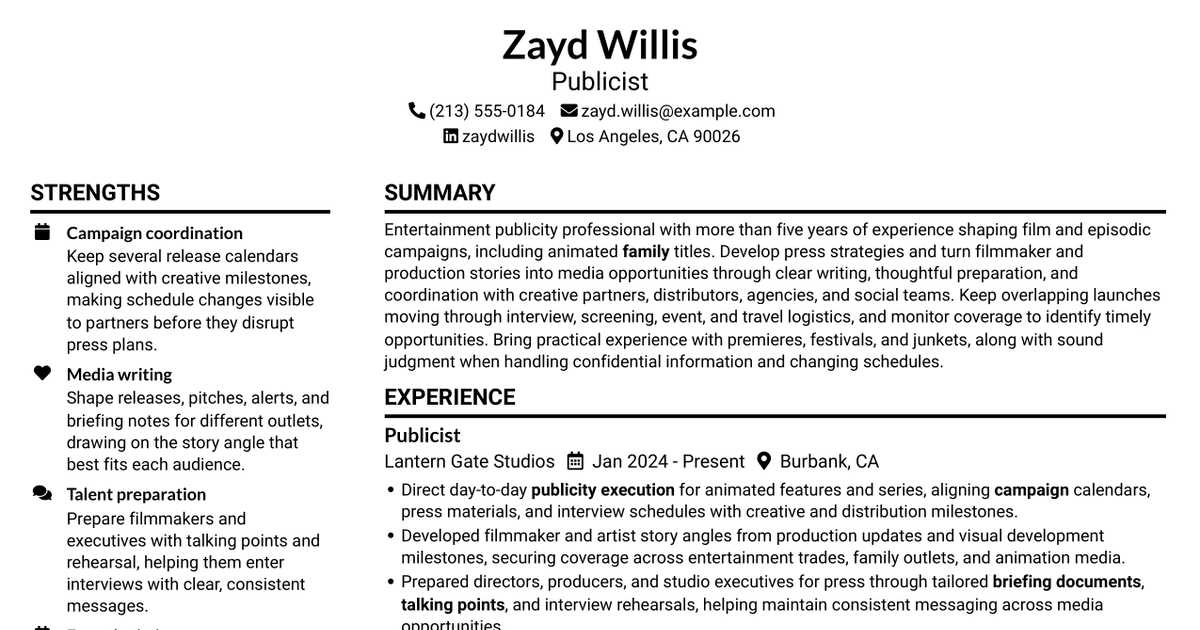 7 Publicist - Animation Publicity Resume Templates with Example