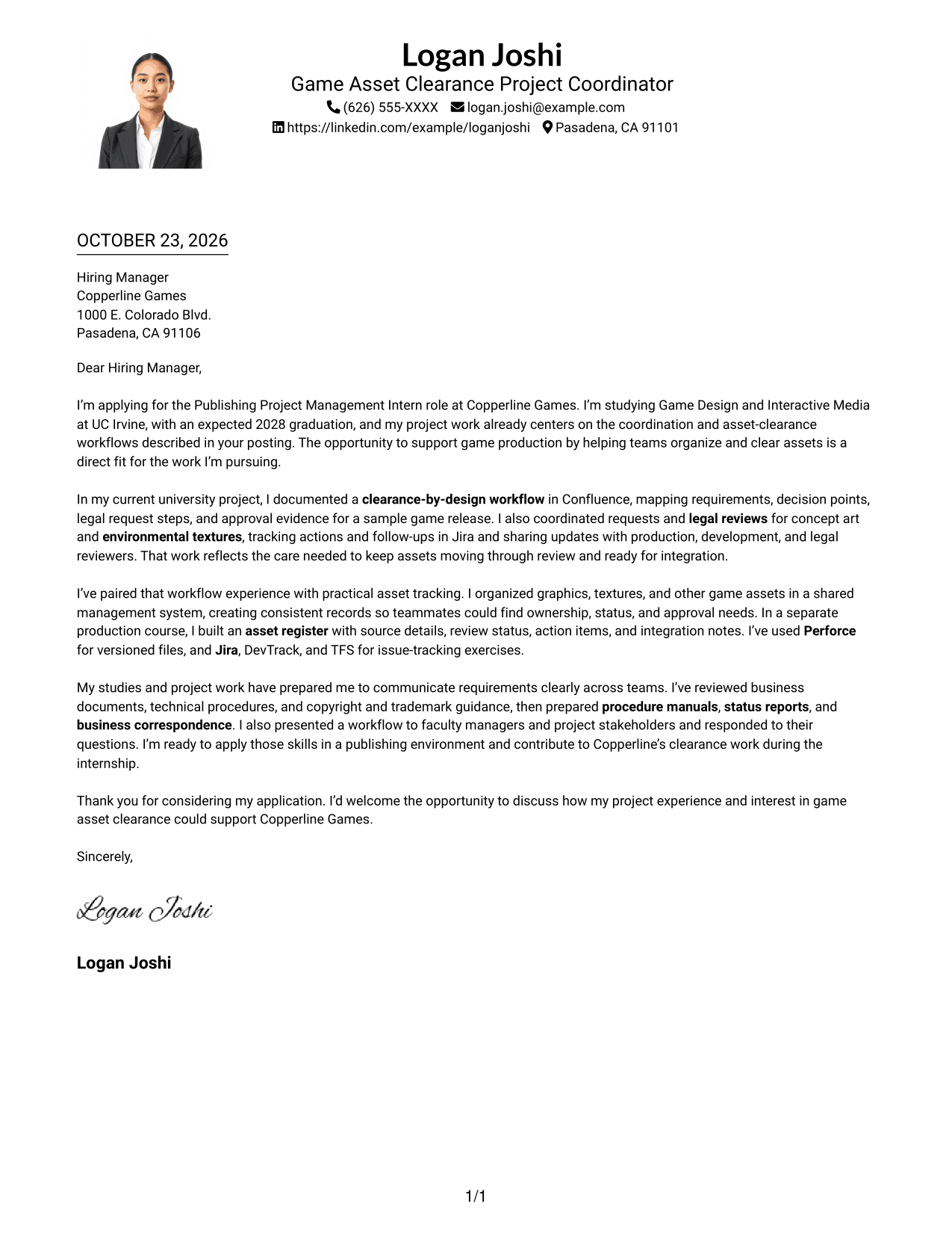 Cover letter example — page 1