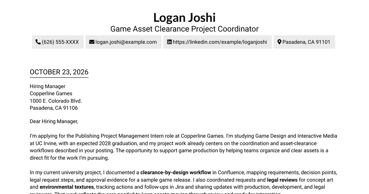 7 Publishing Project Management Intern - Game Asset Clearance Cover Letter Templates with Example