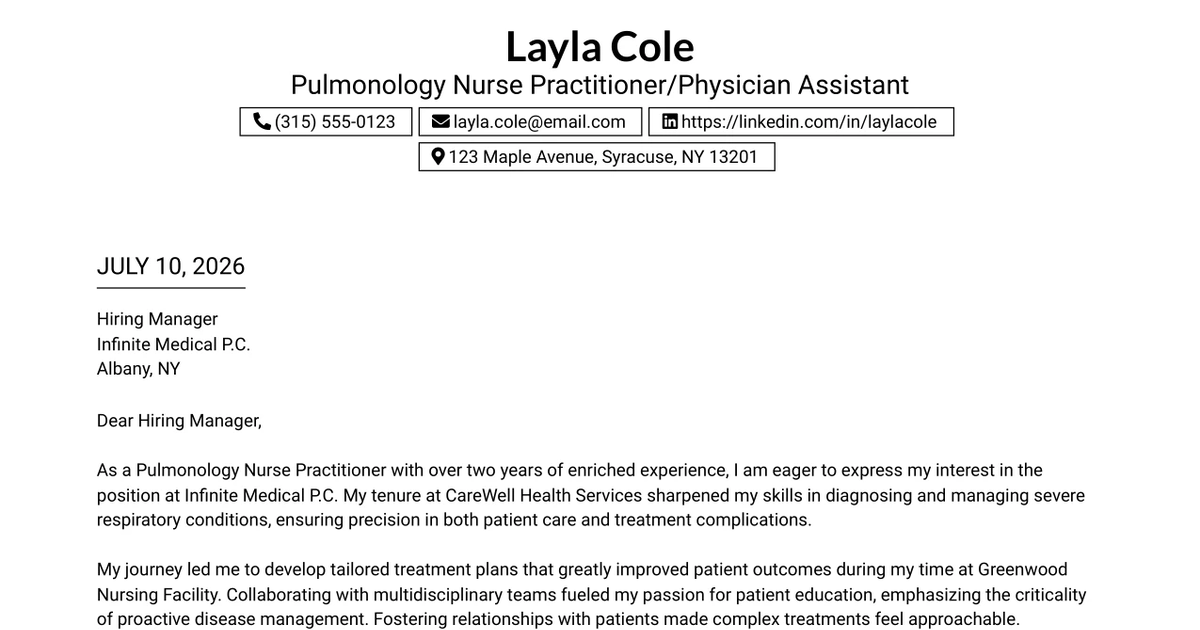 30+ Pulmonology Nurse Practitioner/Physician Assistant Cover Letter Templates with Example 2026