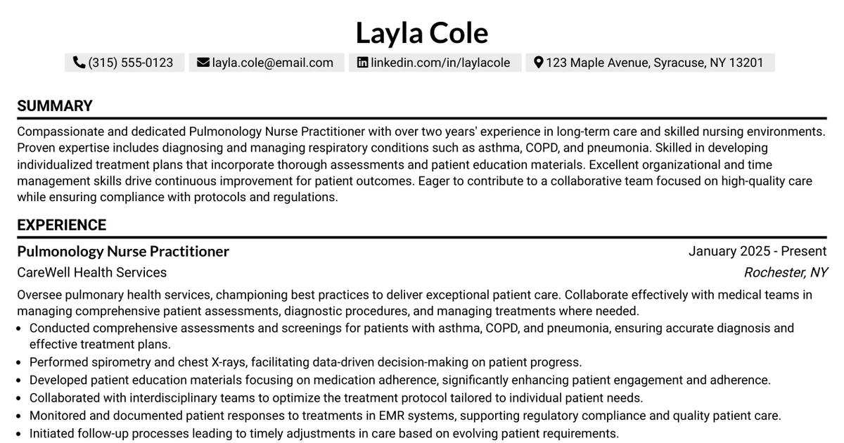 33 Pulmonology Nurse Practitioner/Physician Assistant Resume Templates with Example 2026 (ATS-Optimized)