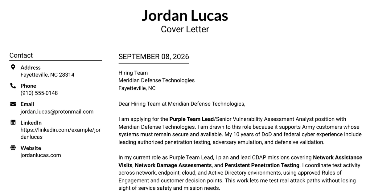 30+ Purple Team Lead/Senior Vulnerability Assessment Analyst Cover Letter Templates with Example 2026