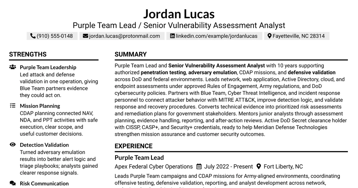 33 Purple Team Lead/Senior Vulnerability Assessment Analyst Resume Templates with Example 2026 (ATS-Optimized)