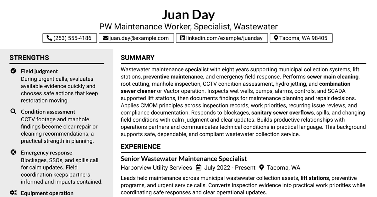 7 PW Maintenance Worker, Specialist - Wastewater Resume Templates with Example