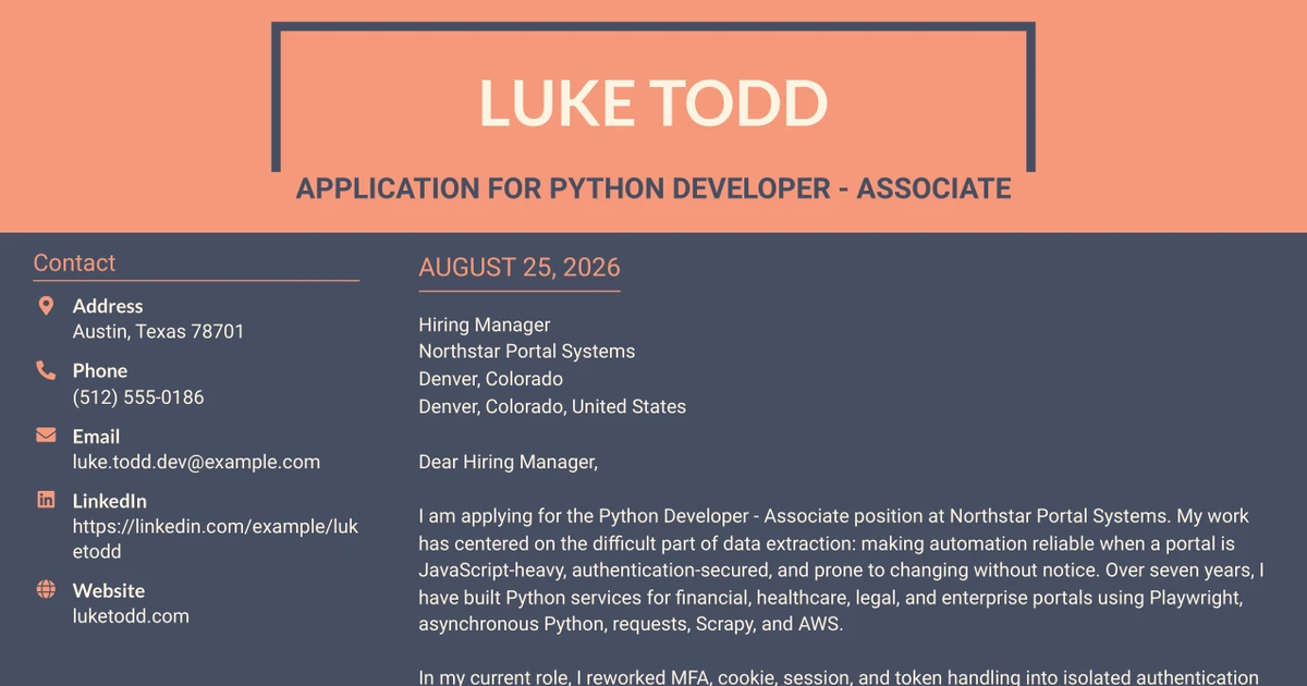 30+ Python Developer - Associate Cover Letter Templates with Example 2026