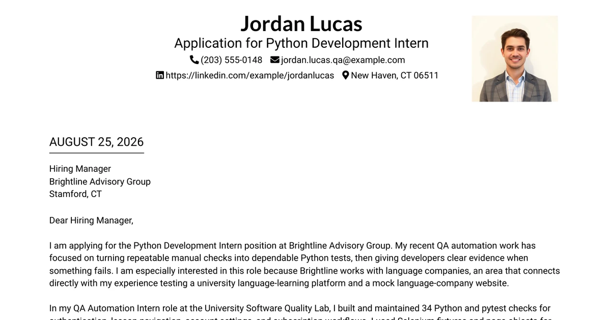 30+ Python Development Intern Cover Letter Templates with Example 2026