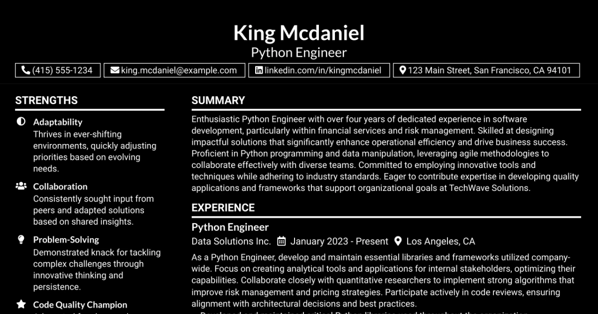 33 Python Engineer Resume Templates with Example 2026 (ATS-Optimized)