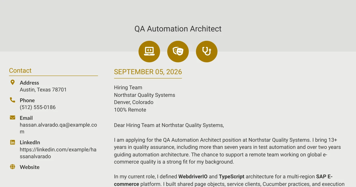 30+ QA Automation Architect (Webdriver.io) Cover Letter Templates with Example 2026