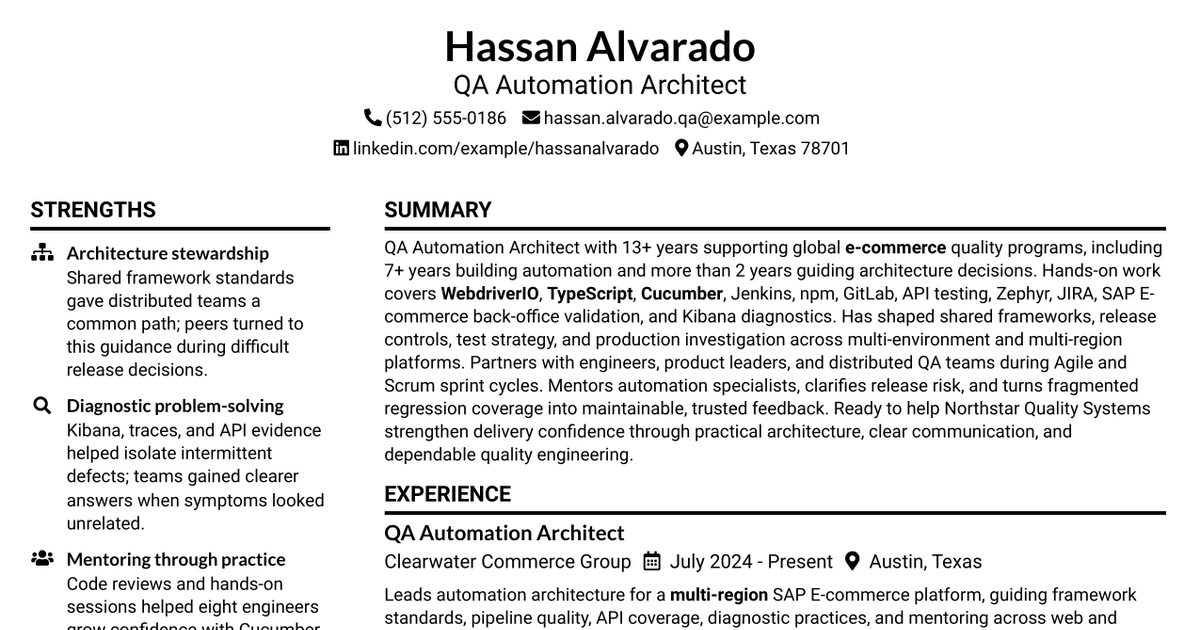 33 QA Automation Architect (Webdriver.io) Resume Templates with Example 2026 (ATS-Optimized)