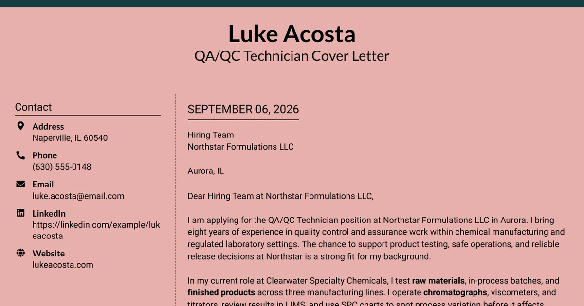 30+ QA/QC Technician Cover Letter Templates with Example 2026