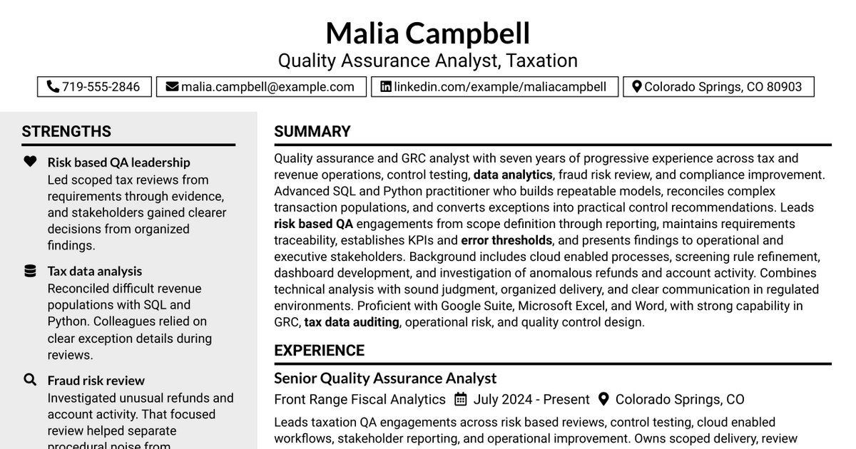 7 Quality Assurance Analyst - Taxation Resume Templates with Example