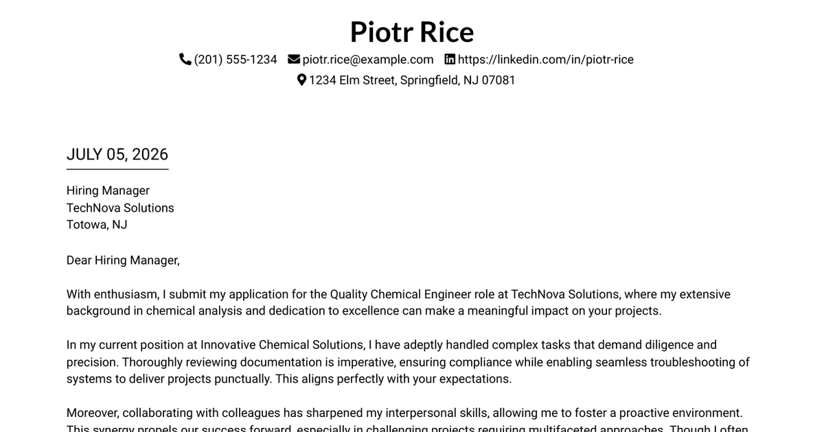 30+ Quality Chemical Engineer Cover Letter Templates with Example 2026