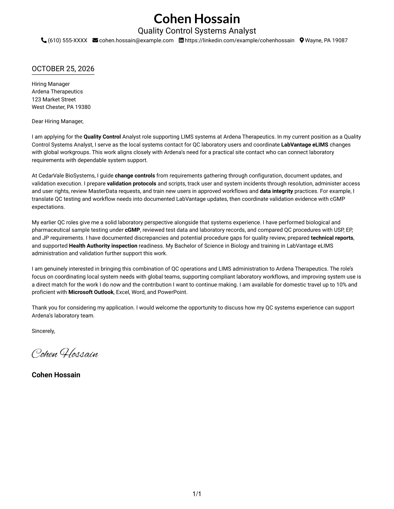 Cover letter example — page 1