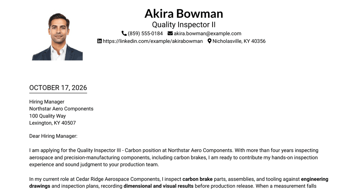 7 Quality Inspector III - Carbon Cover Letter Templates with Example