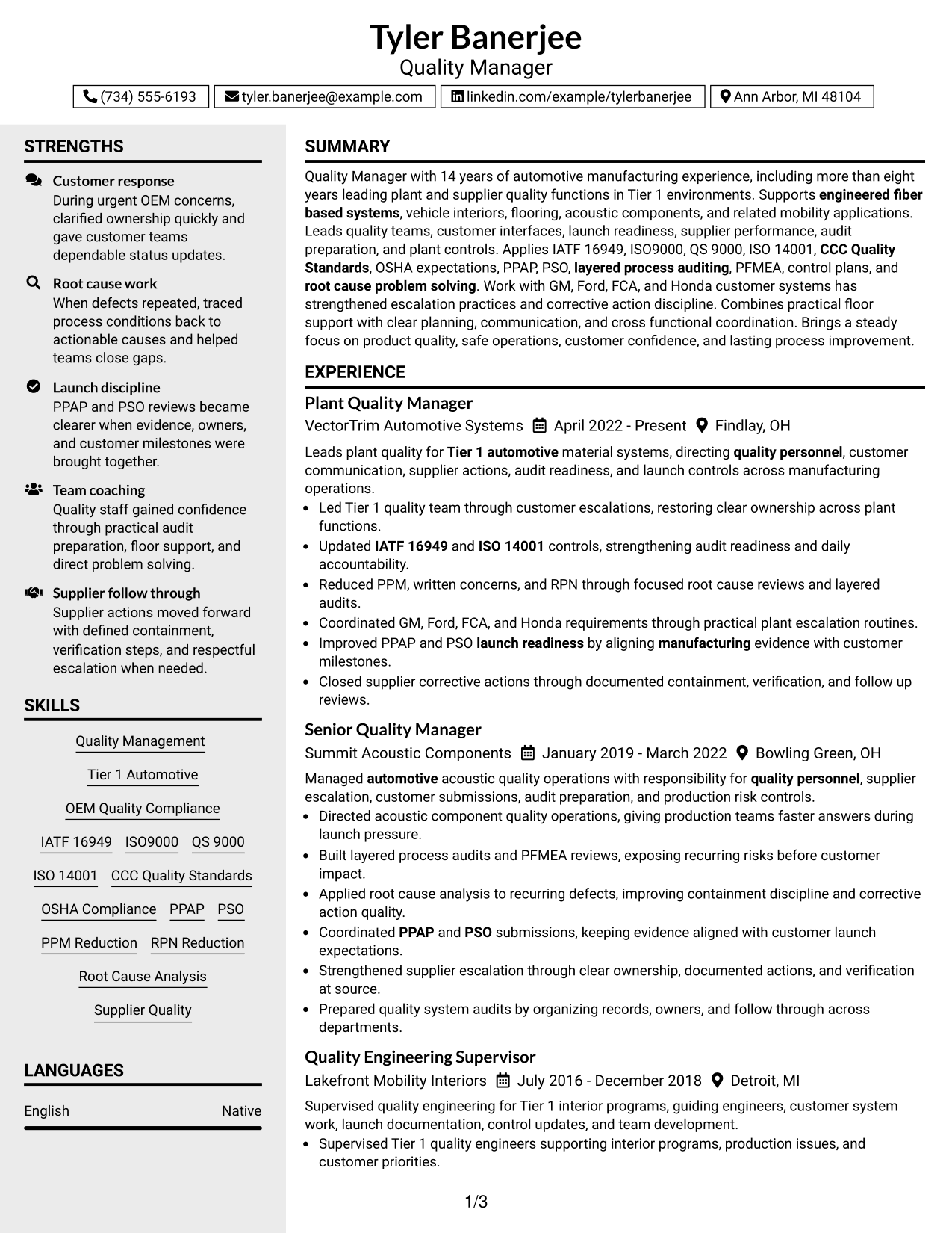 Resume Example Page 1