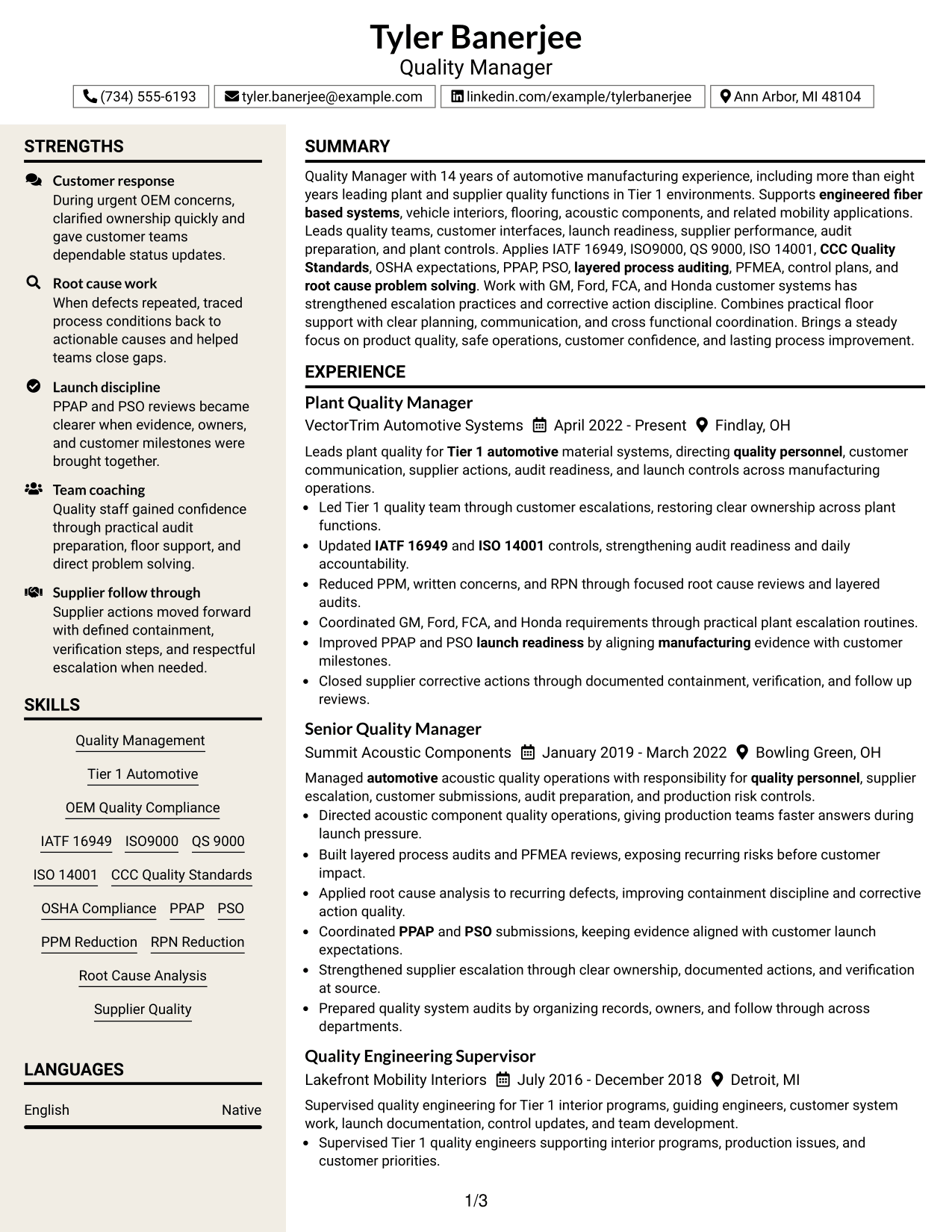 Resume Example Page 1