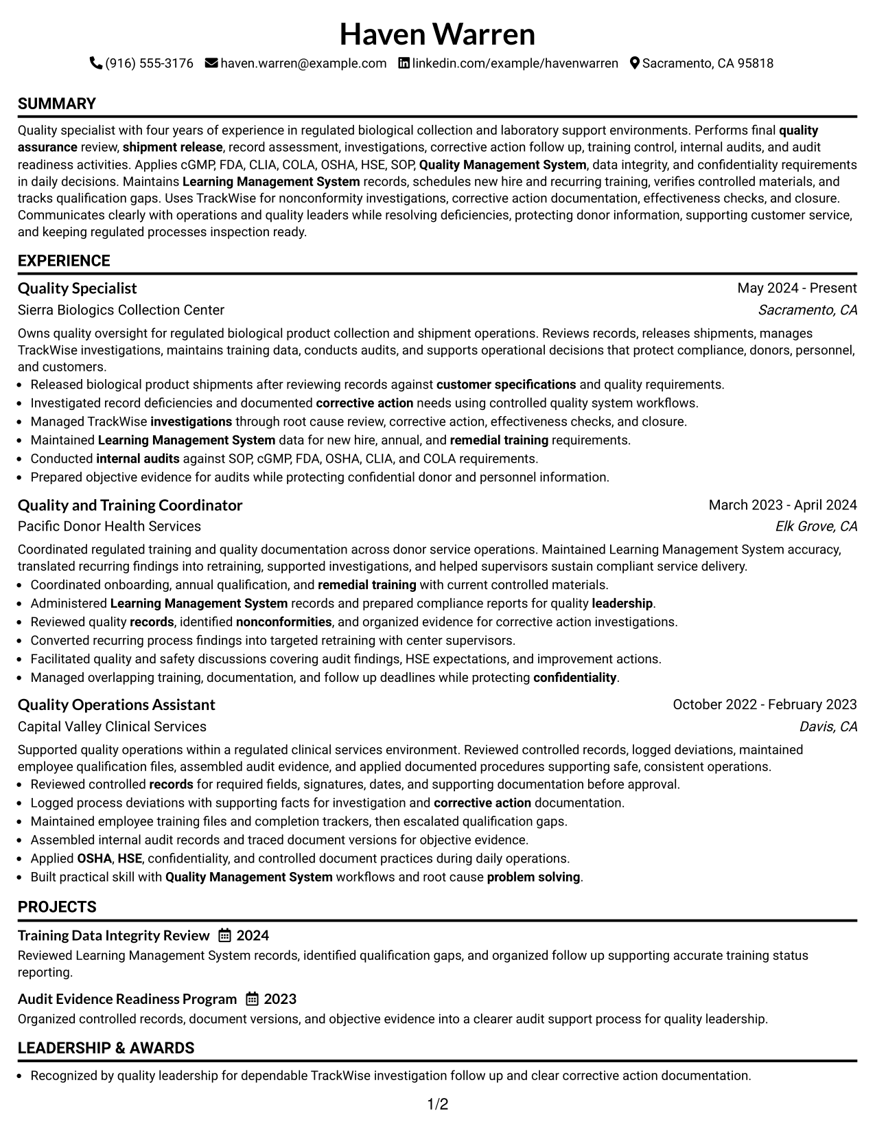 Resume Example Page 1