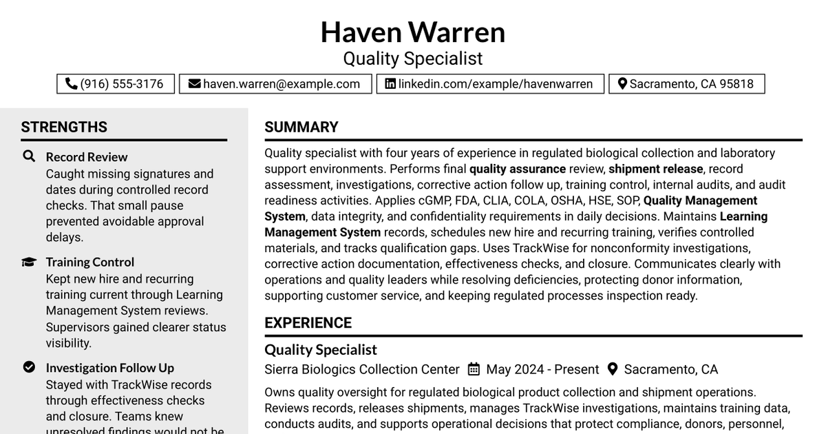 7 Quality Specialist Resume Templates with Example