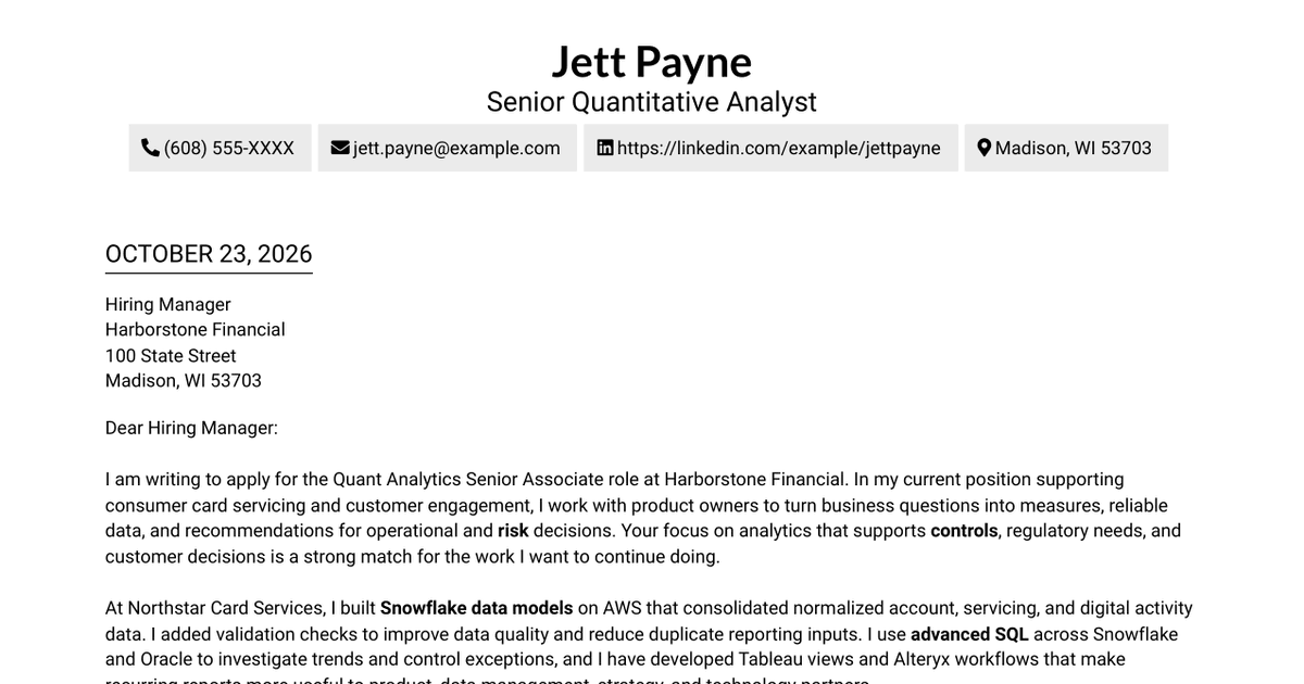 7 Quant Analytics Senior Associate - Risk and Controls Cover Letter Templates with Example