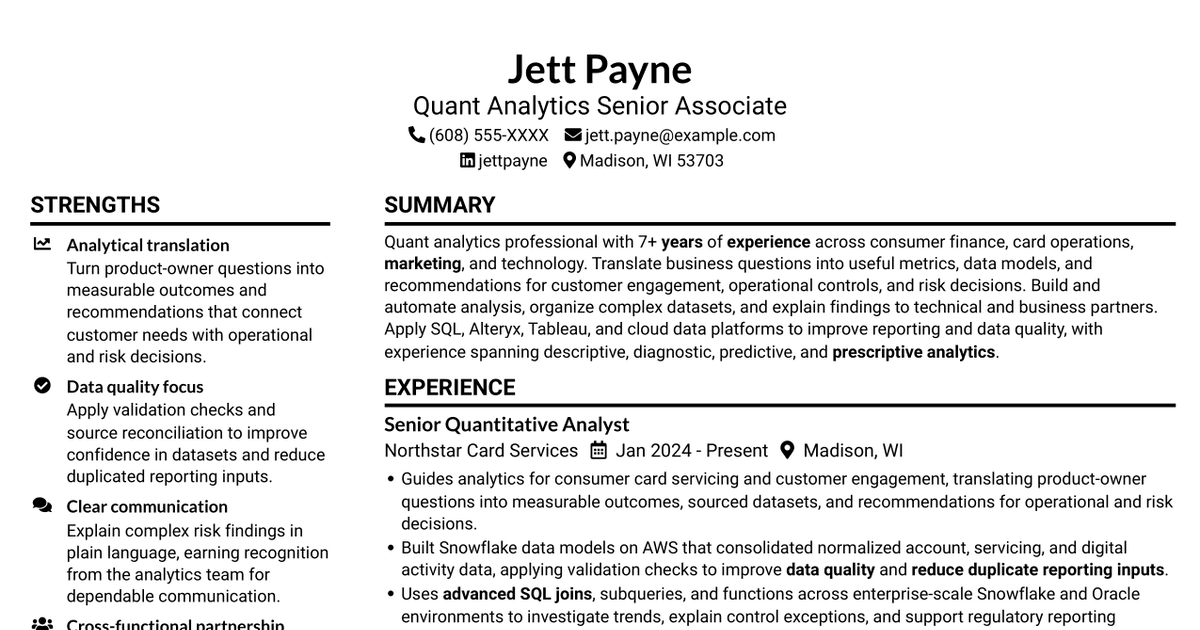 7 Quant Analytics Senior Associate - Risk and Controls Resume Templates with Example