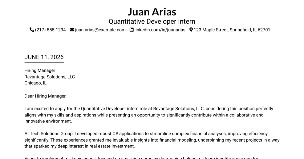 30+ Quantitative Developer Intern Cover Letter Templates with Example 2026