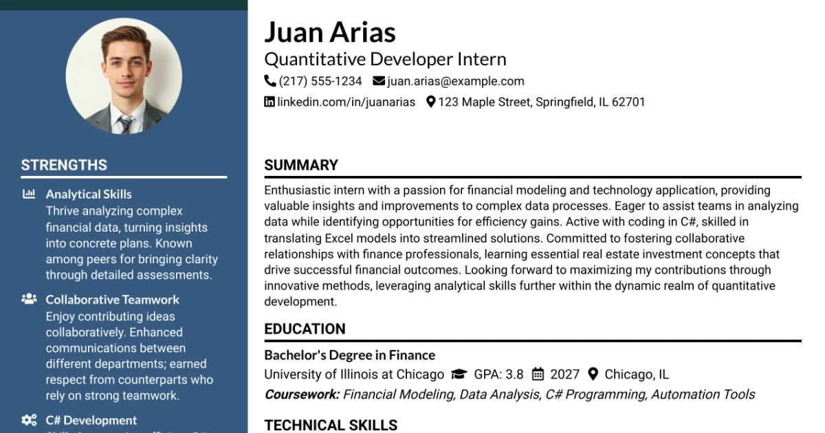 33 Quantitative Developer Intern Resume Templates with Example 2026 (ATS-Optimized)