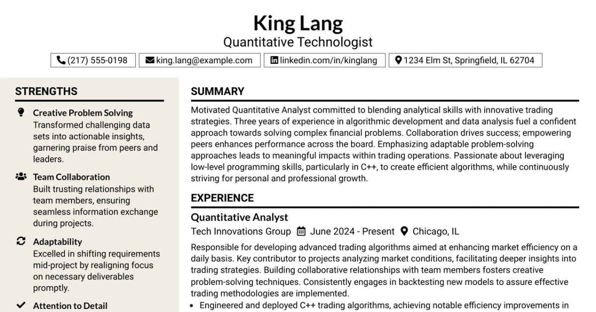 33 Quantitative Technologist Resume Templates with Example 2026 (ATS-Optimized)