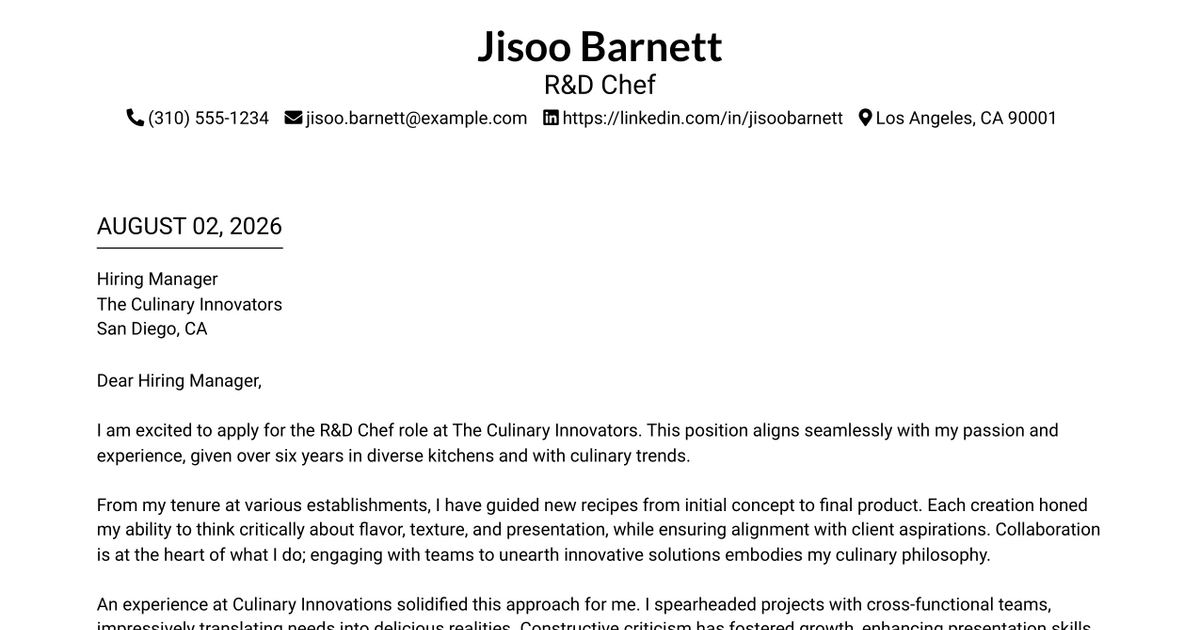 30+ R&D Chef Cover Letter Templates with Example 2026