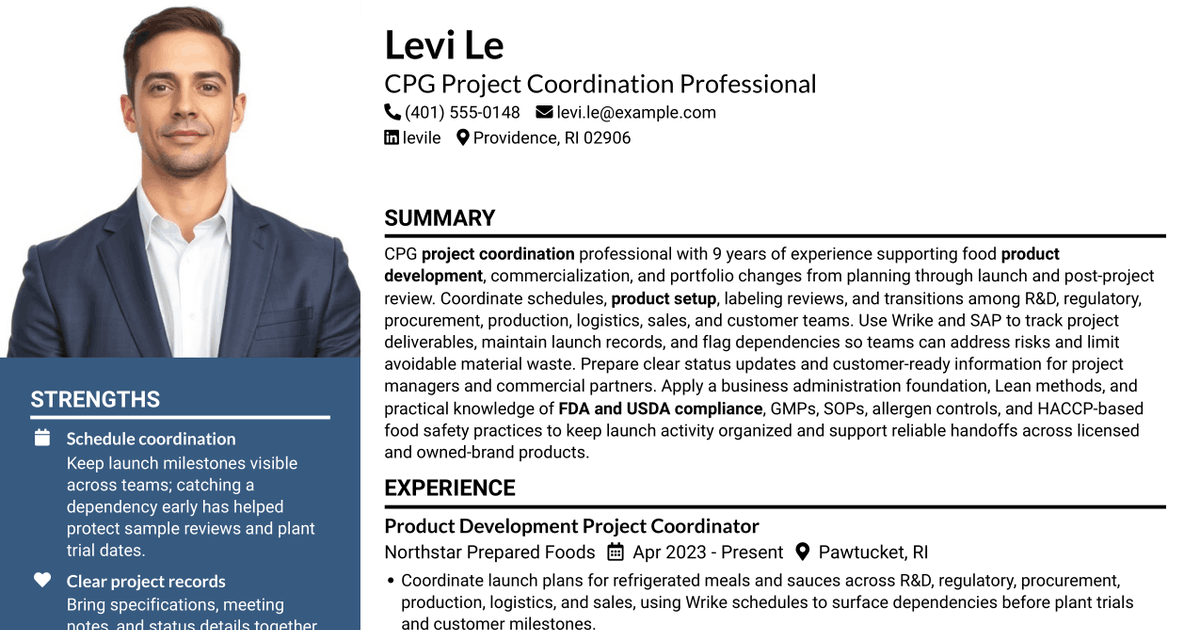 7 R&D Project Coordinator - CPG Product Commercialization Resume Templates with Example