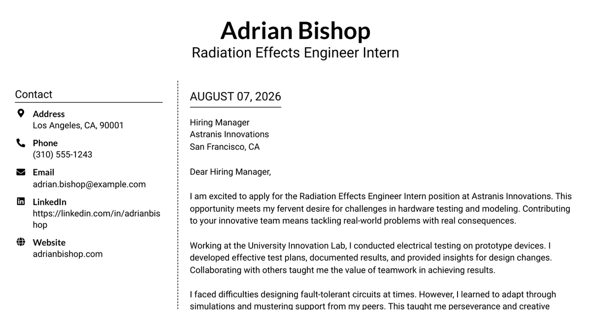 30+ Radiation Effects Engineer Intern Cover Letter Templates with Example 2026