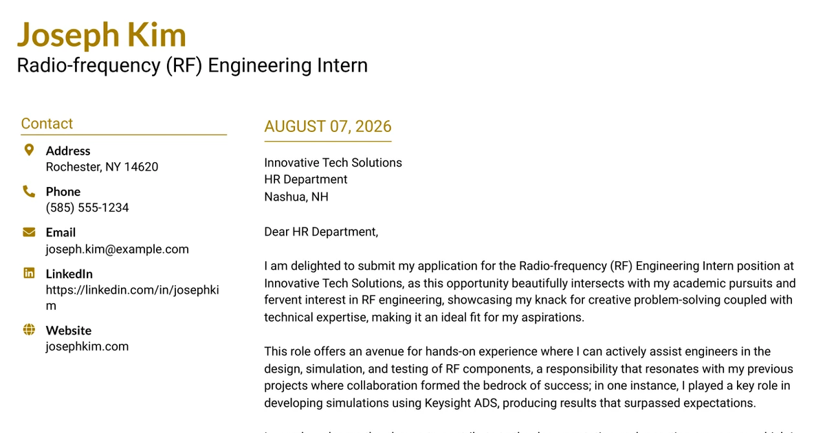 30+ Radio-frequency (RF) Engineering Intern Cover Letter Templates with Example 2026