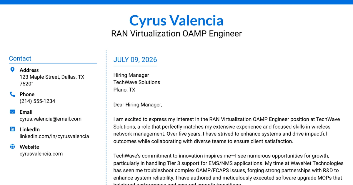 30+ RAN Virtualization OAMP Engineer Cover Letter Templates with Example 2026