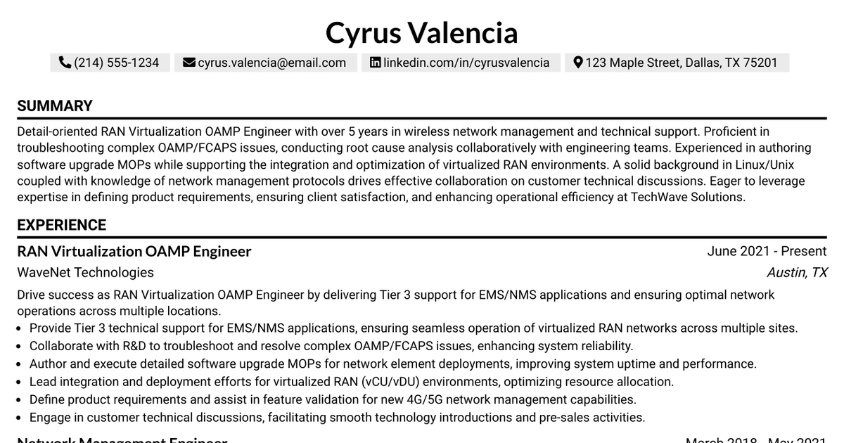 33 RAN Virtualization OAMP Engineer Resume Templates with Example 2026 (ATS-Optimized)