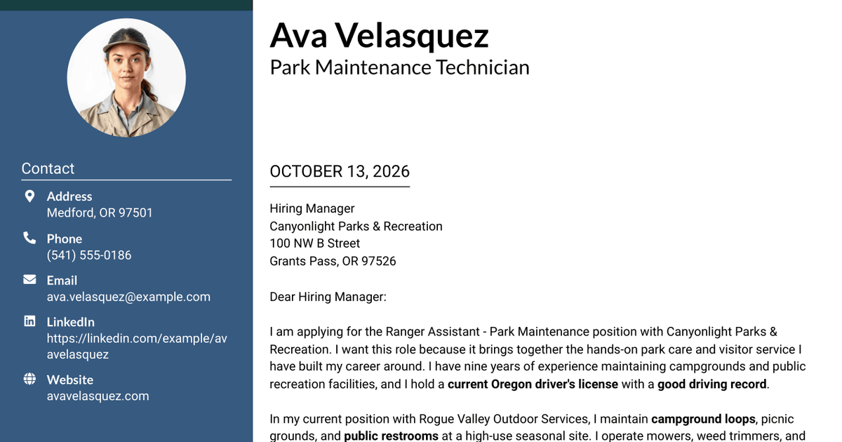 7 Ranger Assistant - Park Maintenance Cover Letter Templates with Example