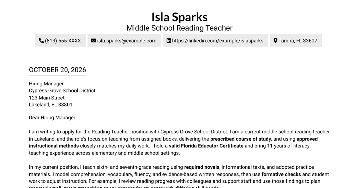 7 Reading Teacher - Middle School Literacy Cover Letter Templates with Example