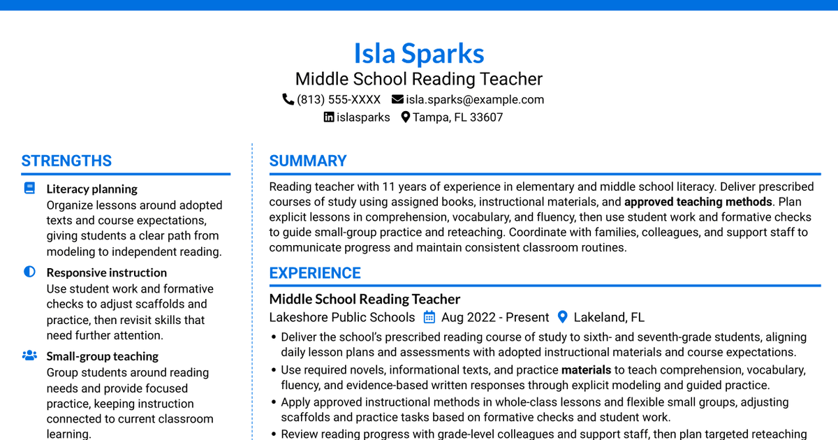 7 Reading Teacher - Middle School Literacy Resume Templates with Example