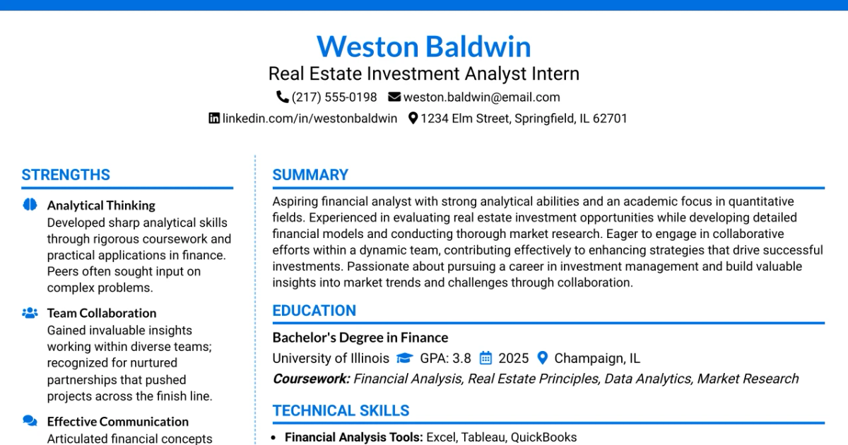 33 Real Estate Investment Analyst Intern Resume Templates with Example 2026 (ATS-Optimized)