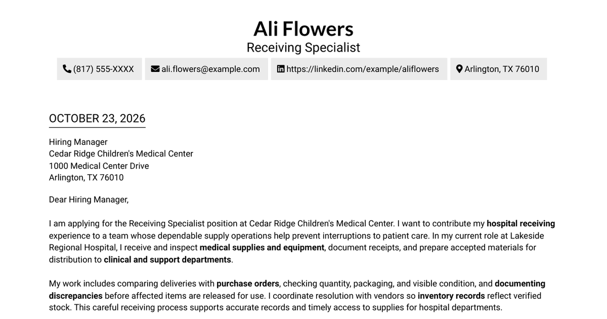 7 Receiving Specialist - Medical Supply Chain Cover Letter Templates with Example