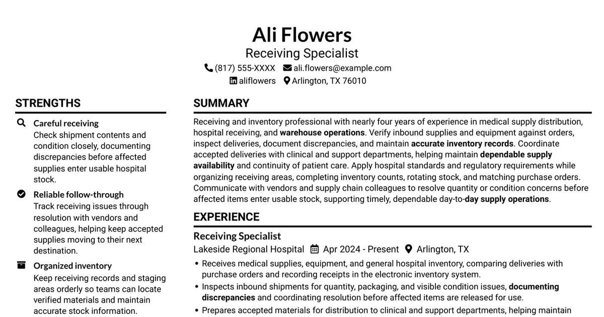 7 Receiving Specialist - Medical Supply Chain Resume Templates with Example