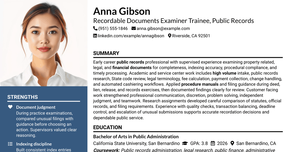 7 Recordable Documents Examiner Trainee - Public Records Resume Templates with Example
