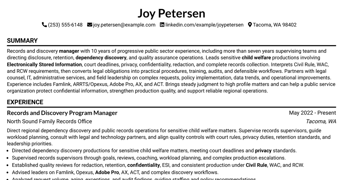 7 Records and Discovery Manager Resume Templates with Example