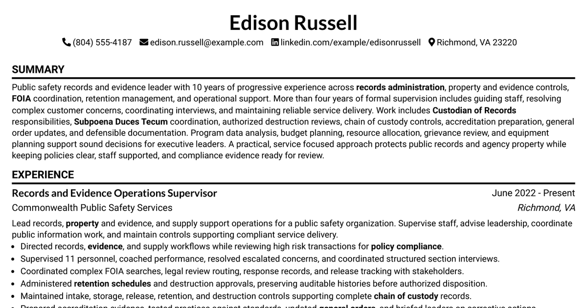7 Records & Property Evidence Manager Resume Templates with Example