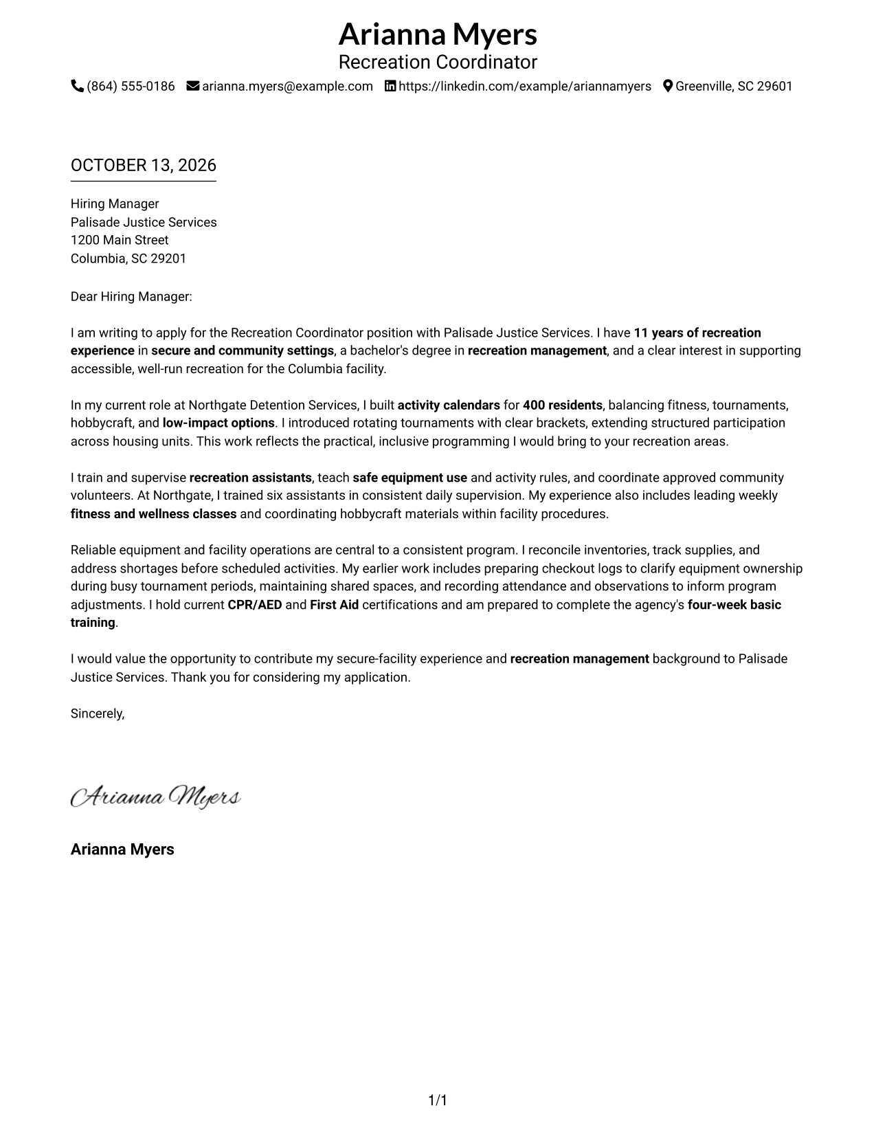 Cover Letter Example Page 1
