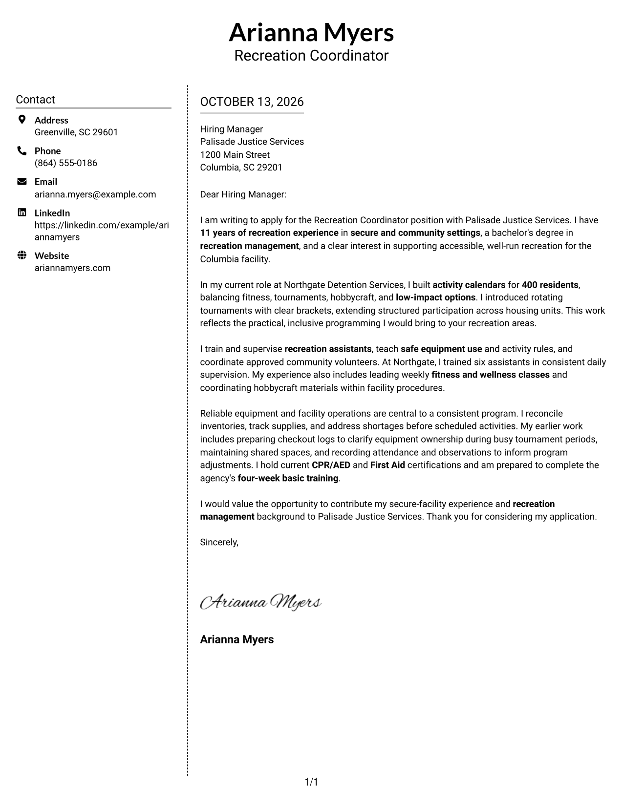 Cover Letter Example Page 1