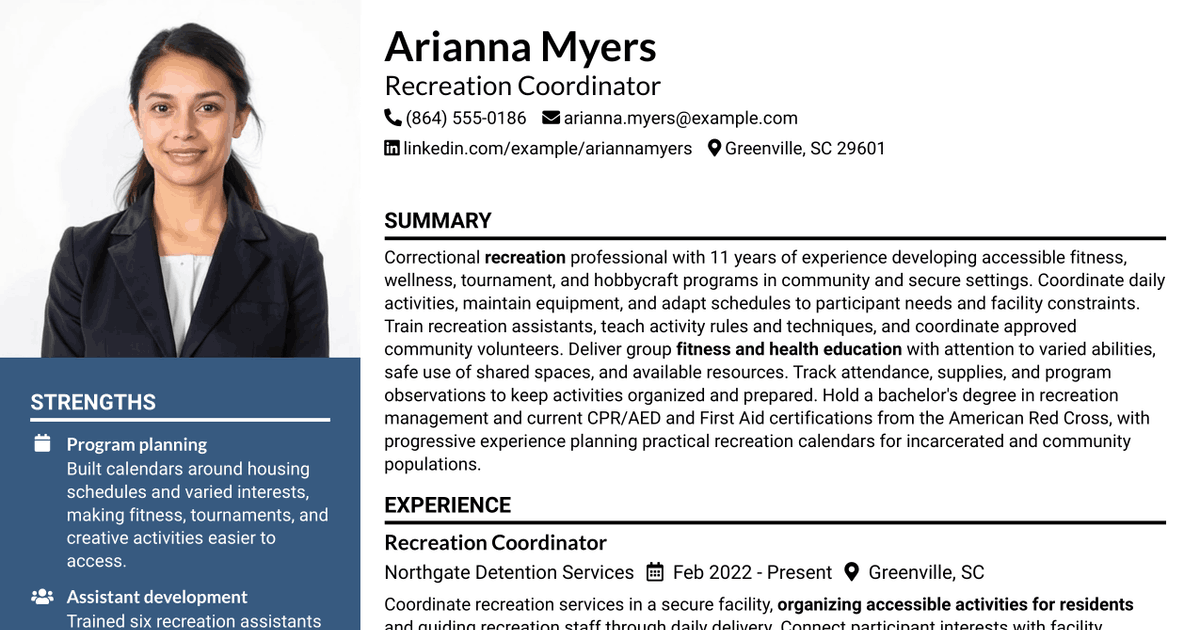 7 Recreation Coordinator - Correctional Recreation Resume Templates with Example