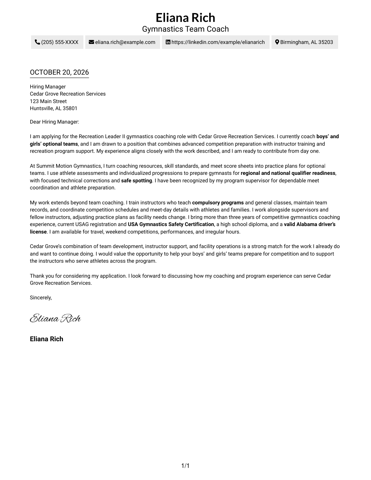 Cover letter example — page 1