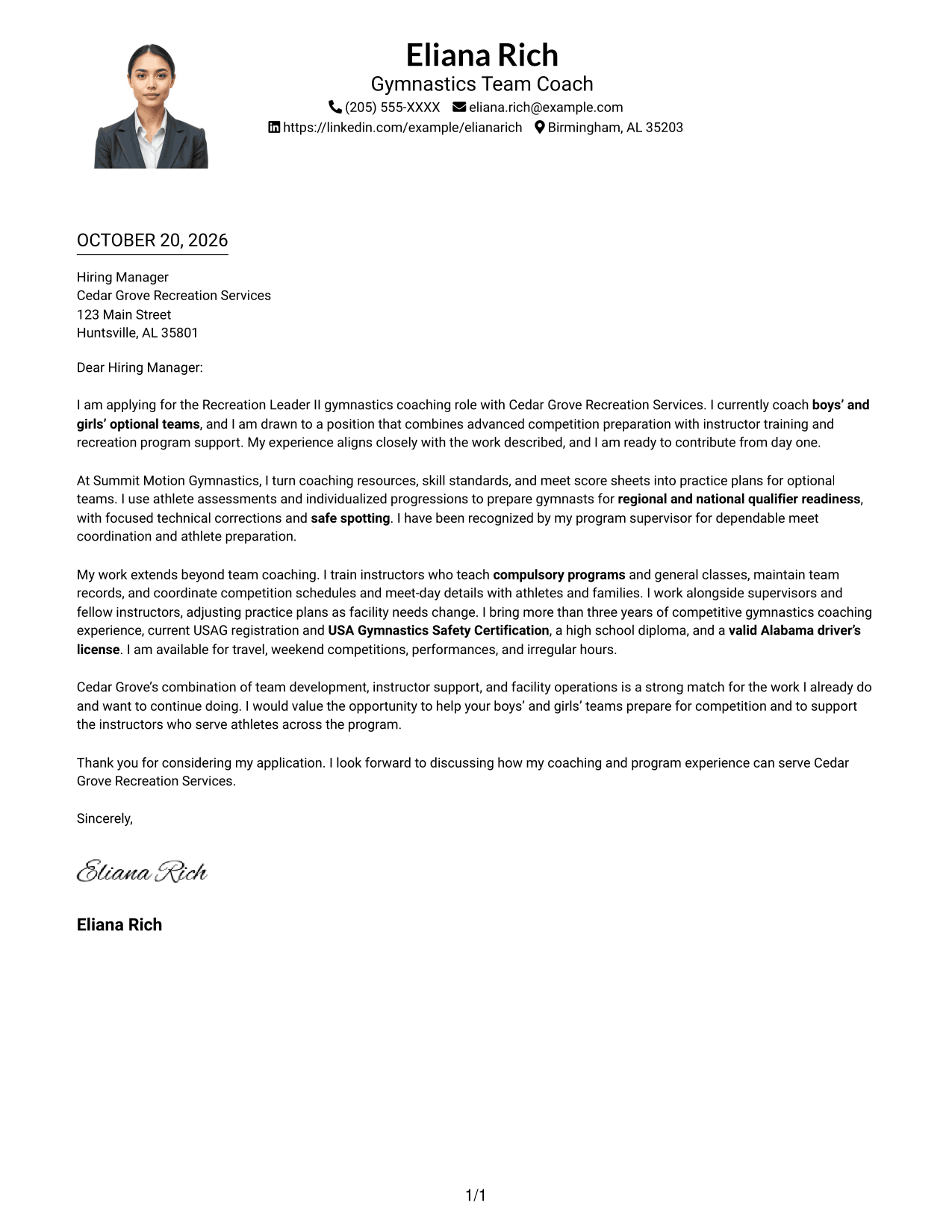 Cover letter example — page 1