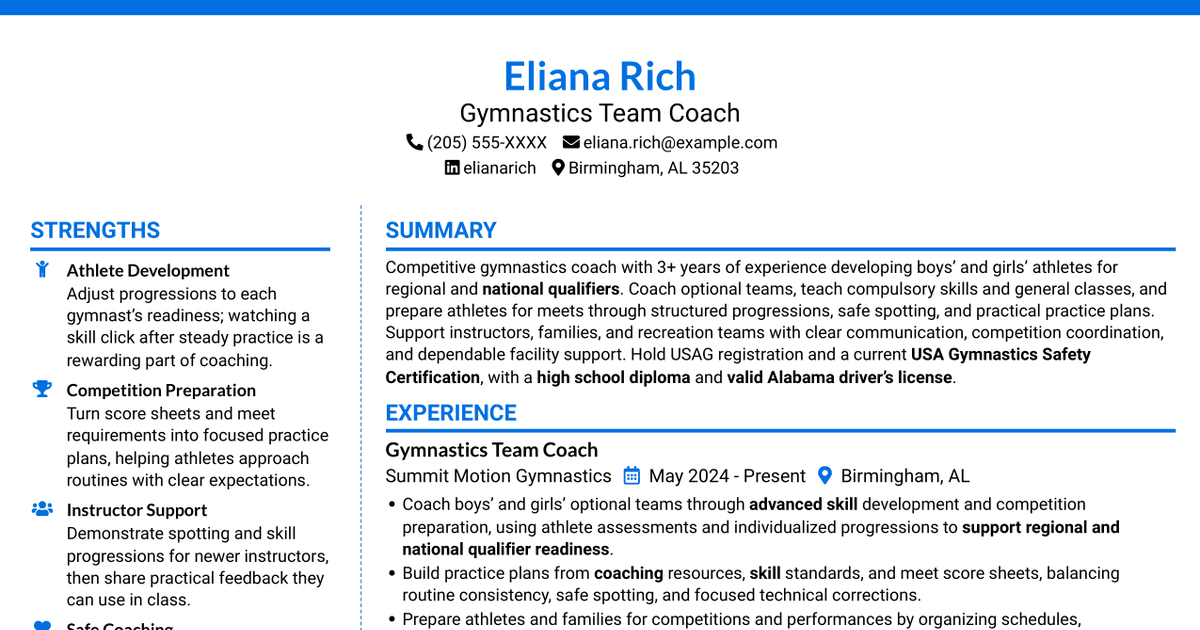 7 Recreation Leader II - Gymnastics Team Coach Resume Templates with Example