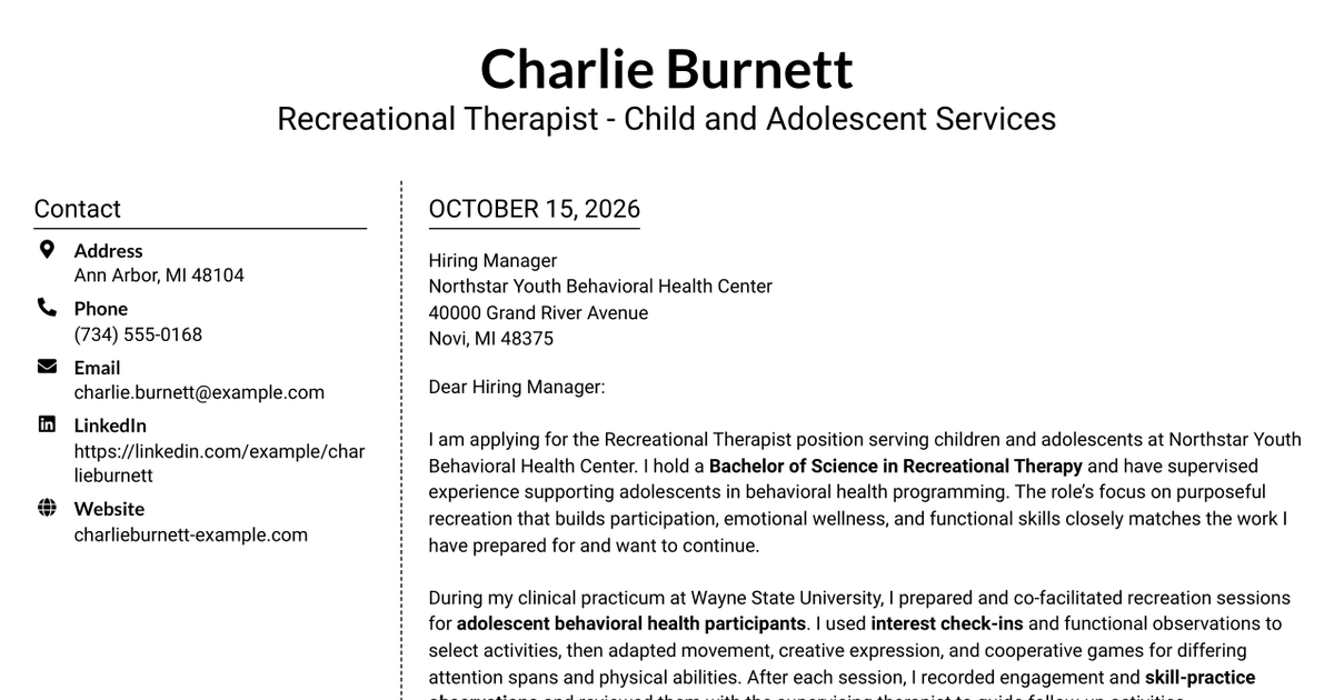 7 Recreational Therapist - Child and Adolescent Services Cover Letter Templates with Example